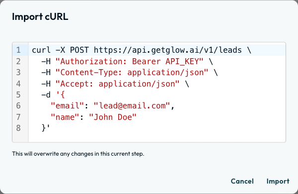 The Import cURL dialog with a POST command pasted in, showing its headers and JSON body across eight numbered lines.