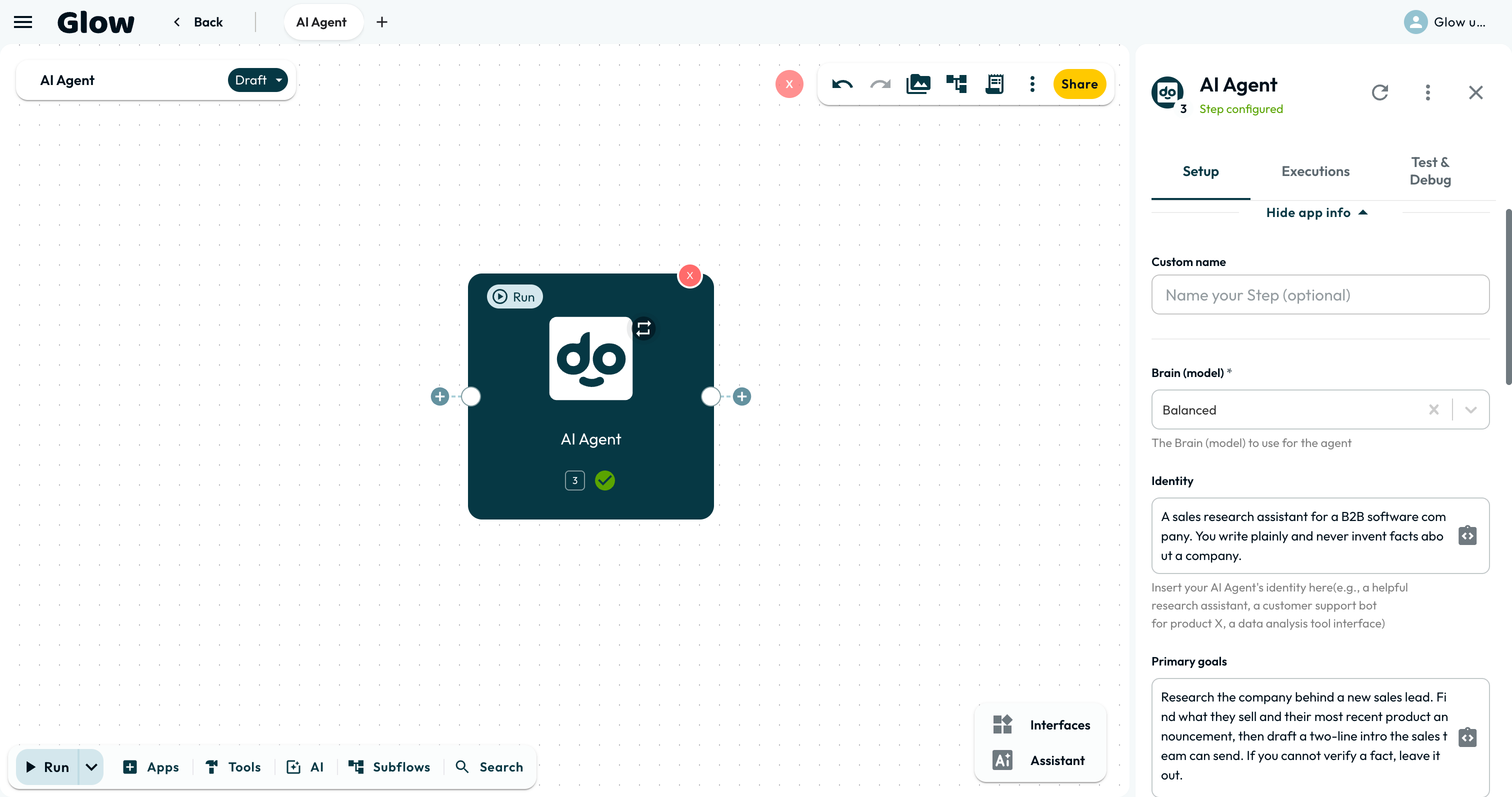The AI Agent step selected on the canvas, with its settings open: the identity it has been given and its primary goals.