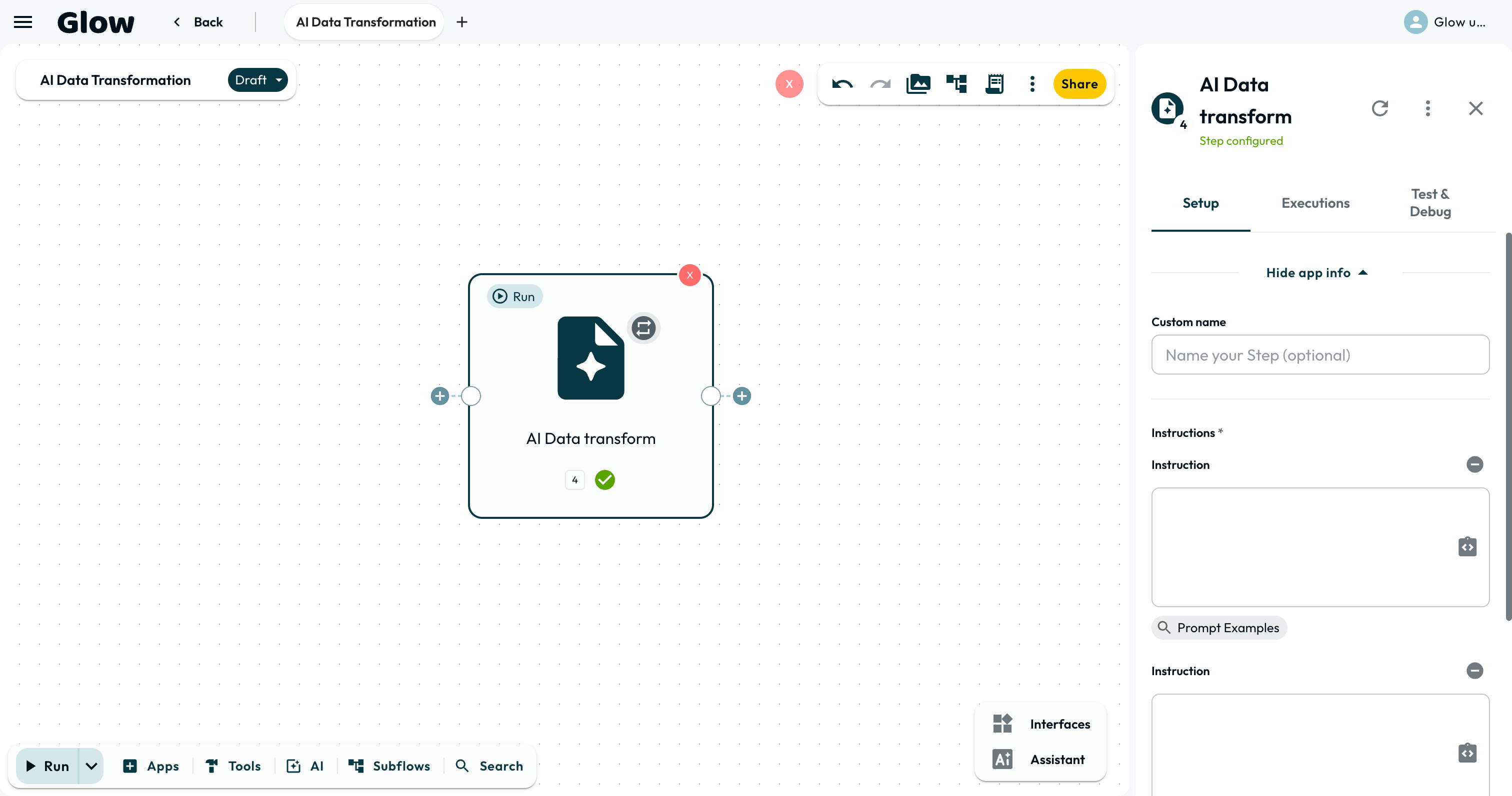 The AI Data Transform step selected on the canvas, with its panel open on the Instructions list.