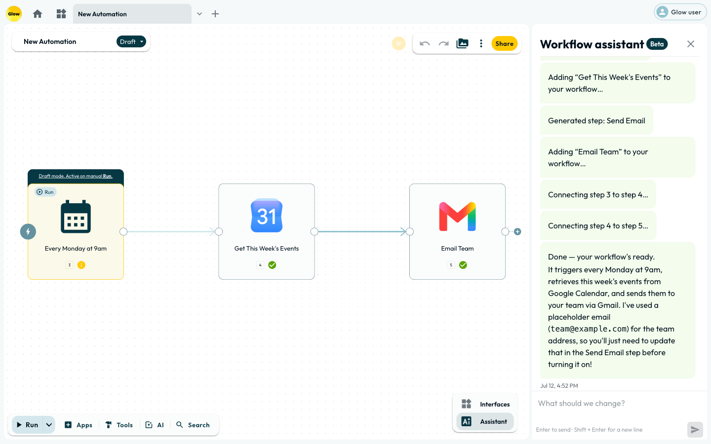 The Workflow Assistant panel beside a canvas holding a Scheduler, a Google Calendar step and a Gmail step, with the assistant's messages listing each step as it was added.