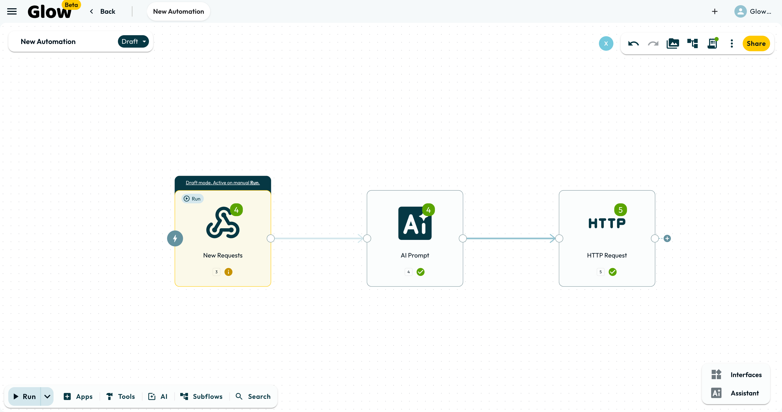 A Glow workflow on the canvas: a webhook trigger named New Requests, connected to an AI Prompt step, connected to an HTTP Request step, all marked as succeeded.