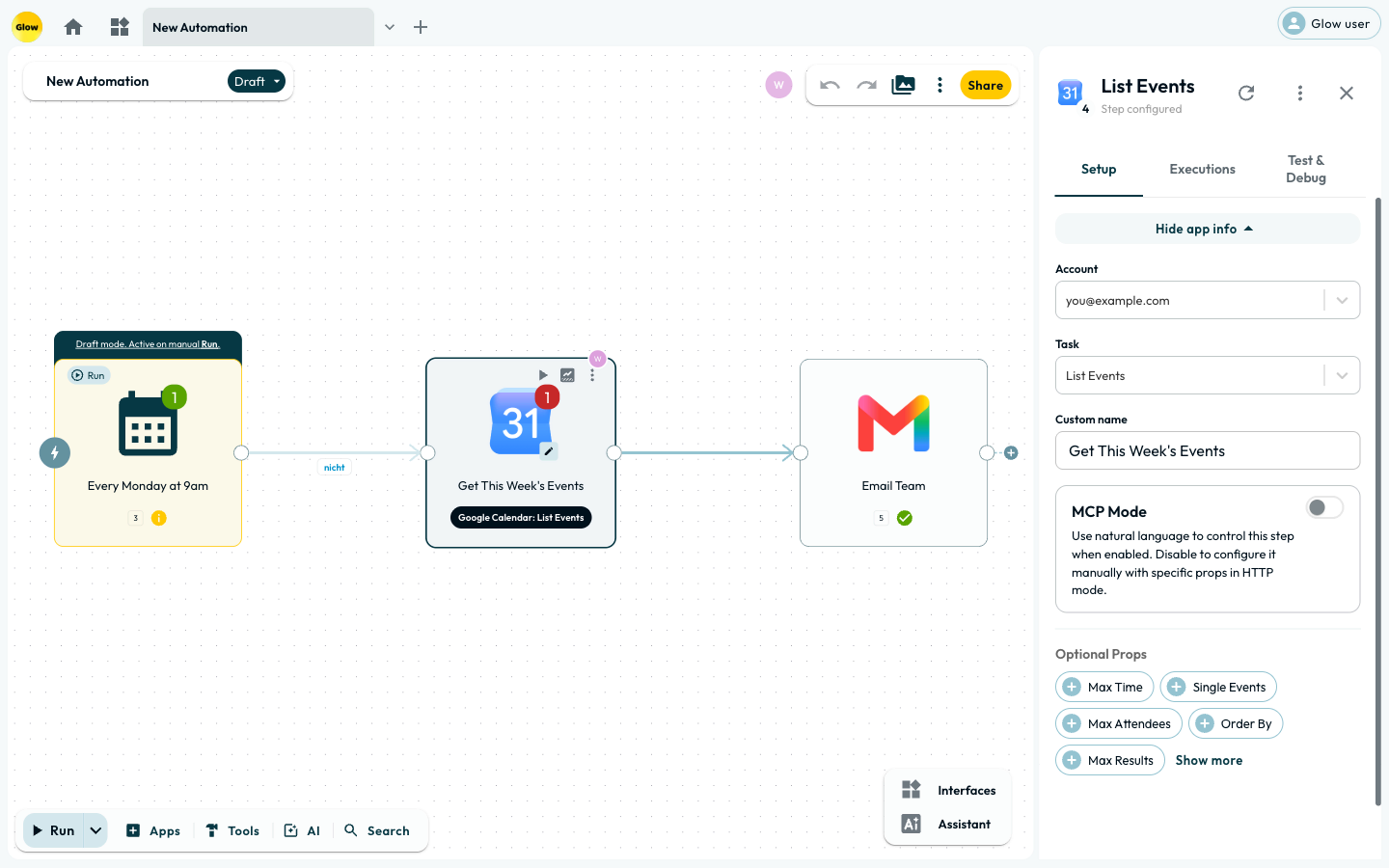 A Google Calendar step selected on the canvas with its settings open: the account it acts through, the task it performs, a custom name, and its optional fields below.