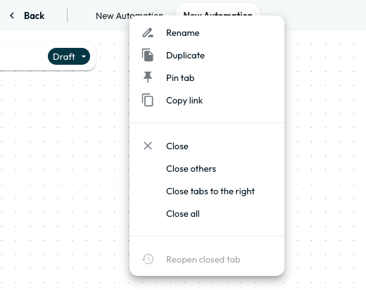 Right-click context menu on a workflow tab showing options like Rename, Duplicate, Pin tab, Close others