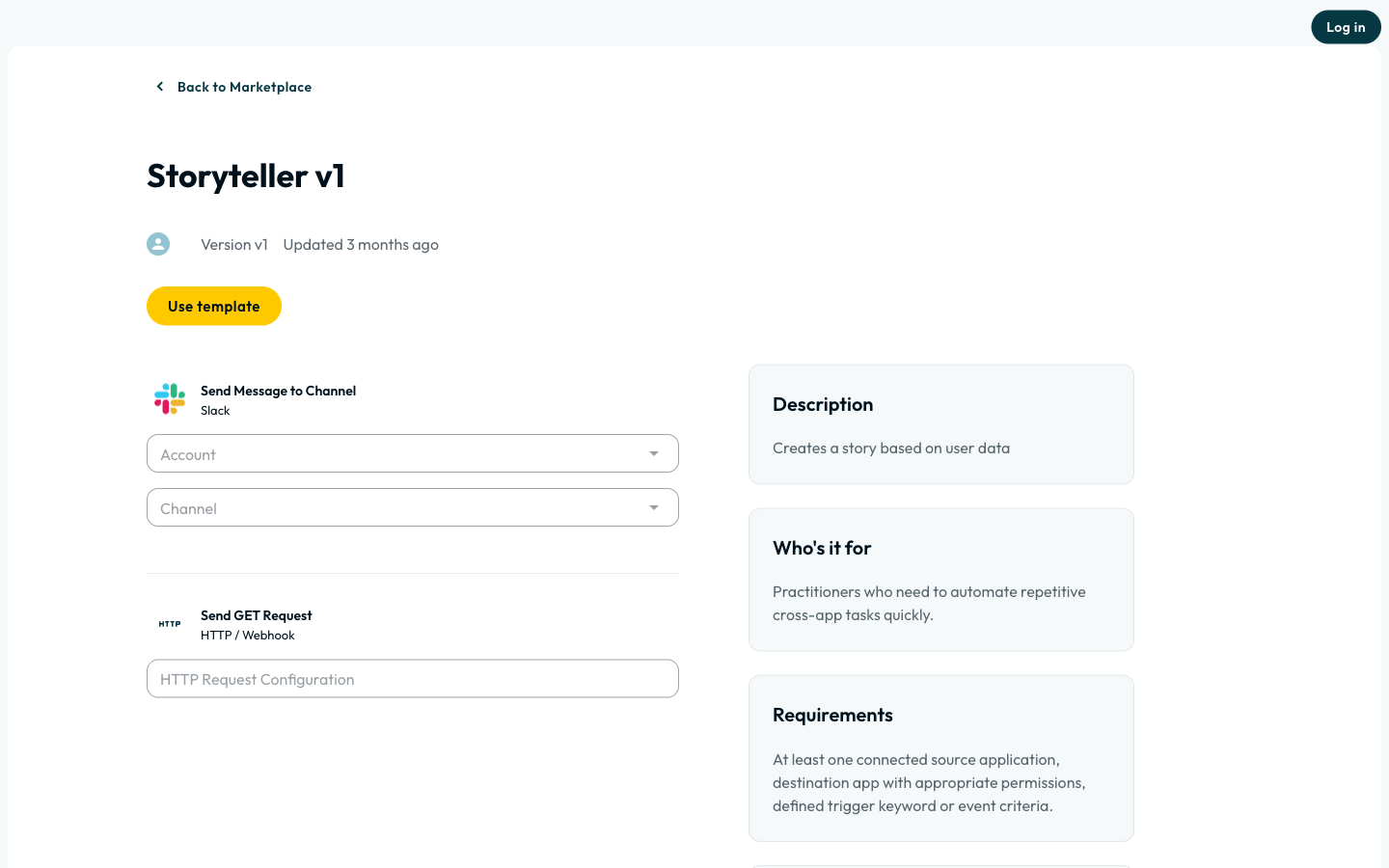 A template's page in the Marketplace: its name and version, a Use template button, the steps it contains, and panels describing what it does, who it is for and what it needs.