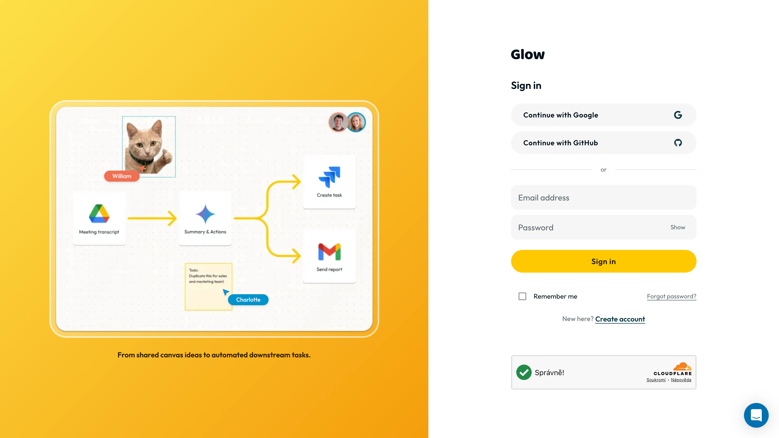 The Glow sign-in screen with Email Address and Password fields