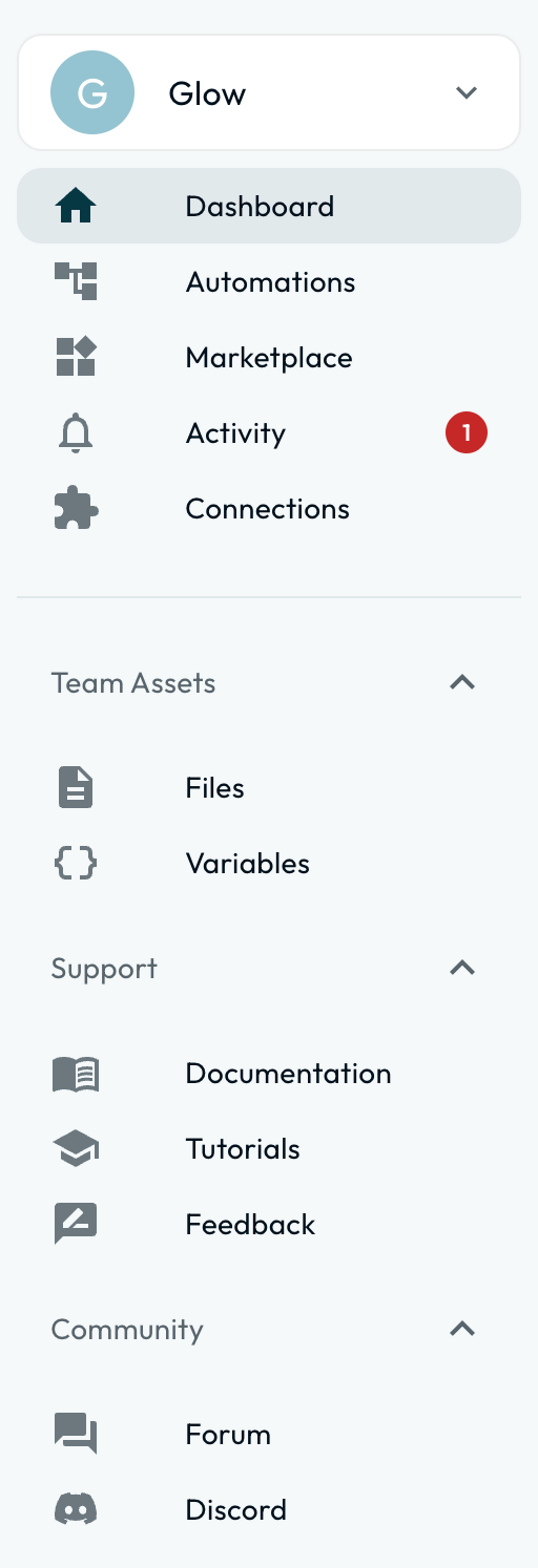 The sidebar: the workspace name at the top, then Dashboard, Automations, Marketplace, Activity and Connections, then grouped sections for Team Assets, Support and Community.