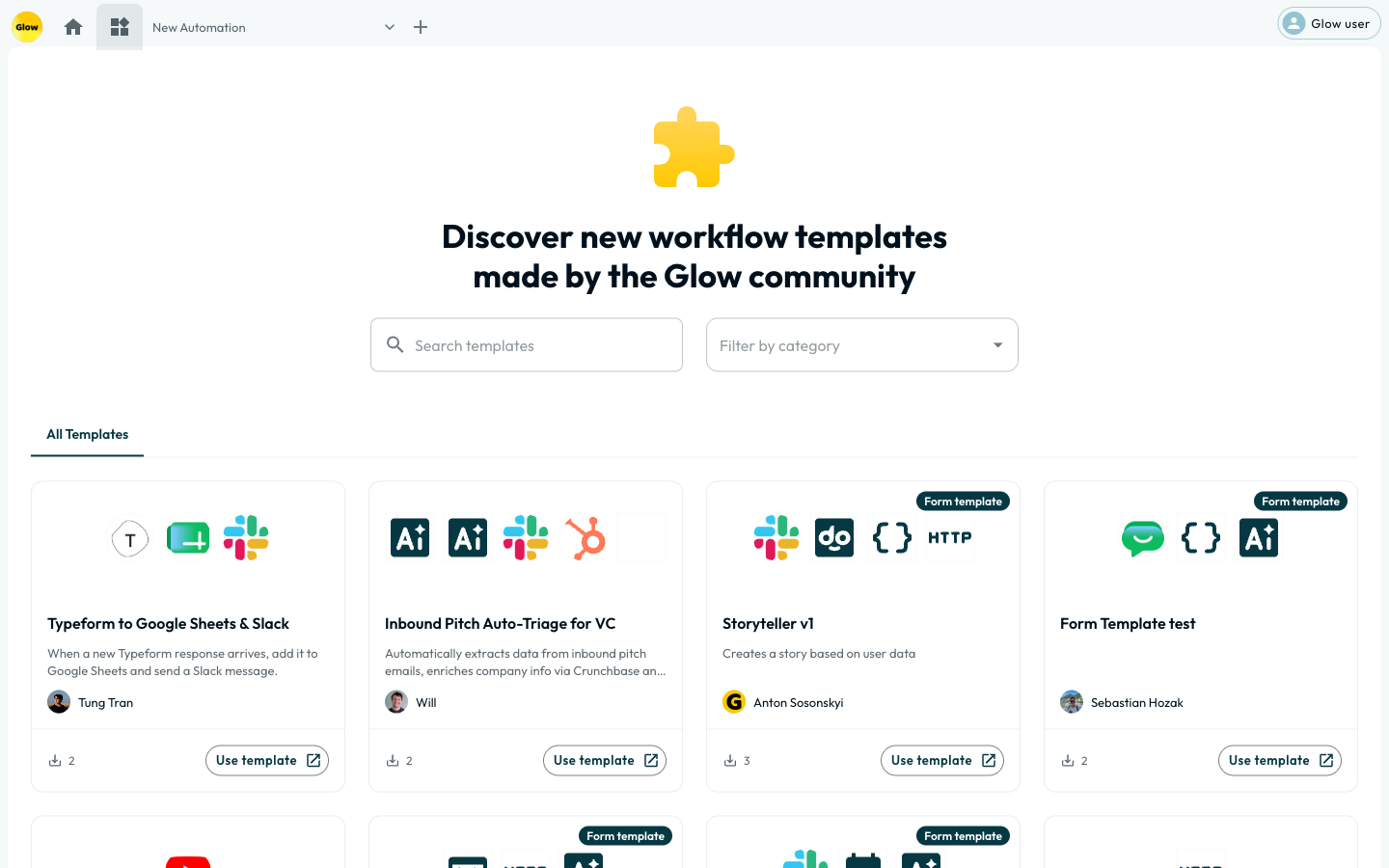 The workflow templates gallery, with a search field, a category filter, and a grid of community template cards. Each card shows the apps it connects, a short description, the creator, and a Use template button.