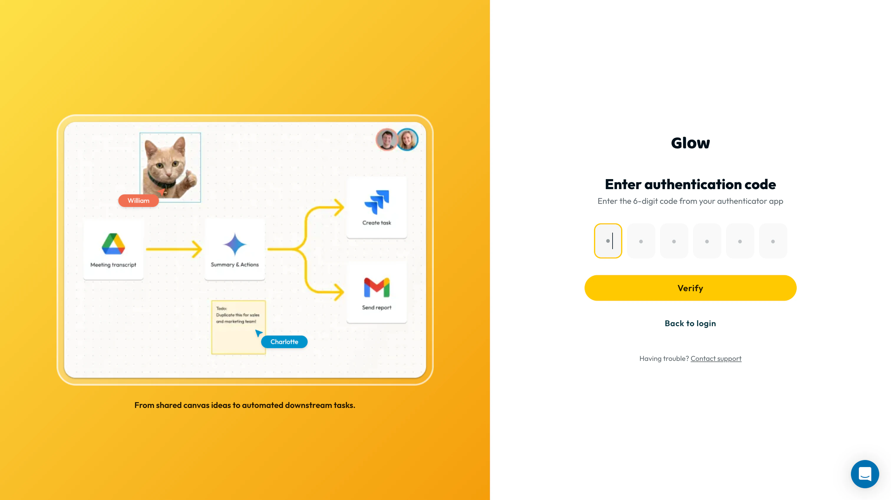 The two-factor screen after a successful password: six single-digit boxes for the authenticator code, a Verify button, and a Back to login link.
