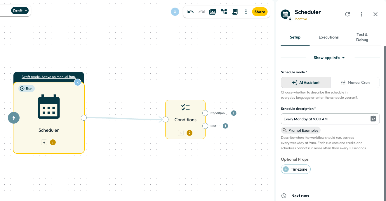 A Scheduler trigger selected on the canvas with its Setup panel open