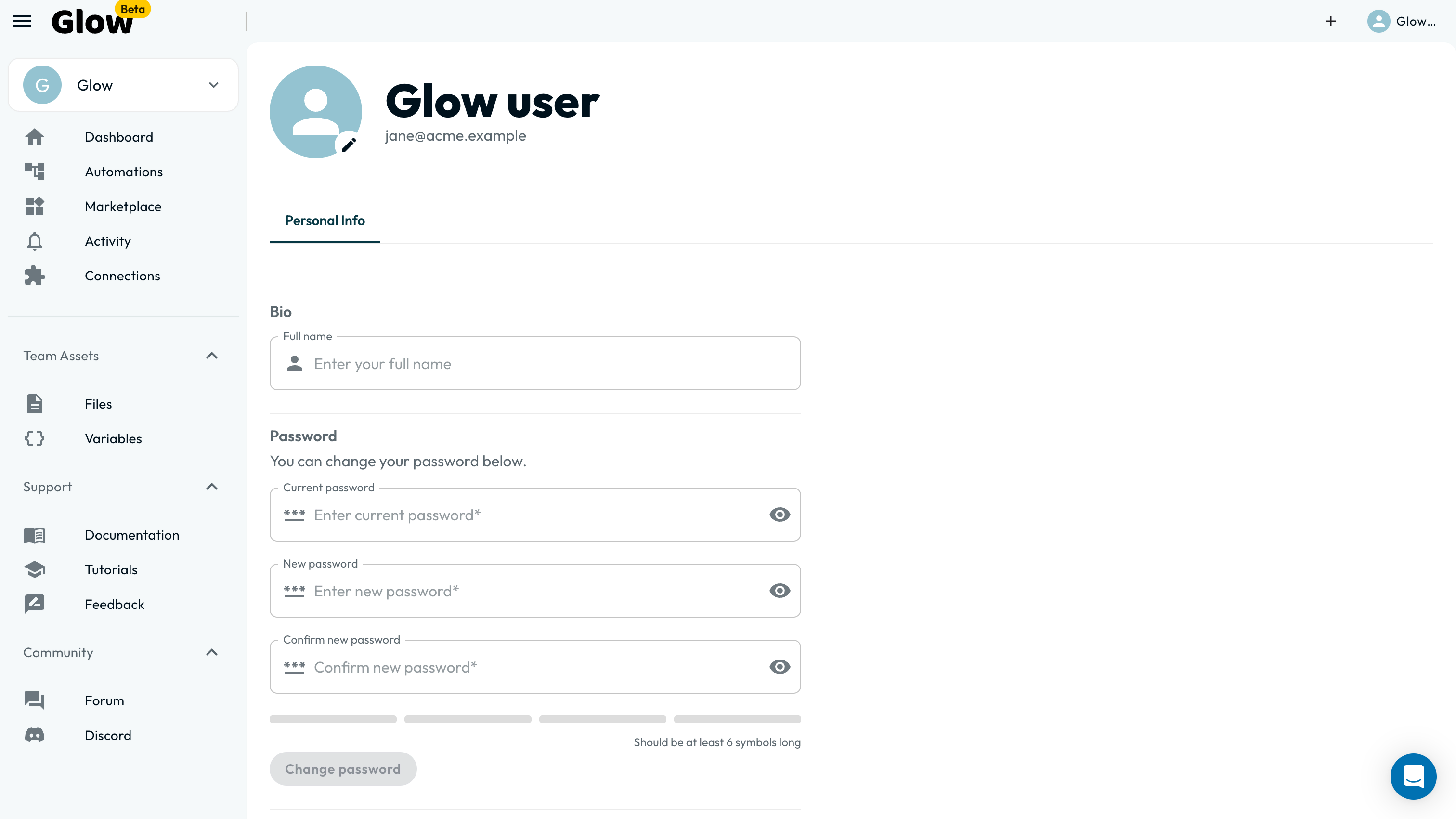 The account settings page showing the signed-in email, a Bio section with a Full name field, a Password section with current and new password fields noting a six-character minimum, and a Workflow settings section with a Disable all confirmation screens toggle.