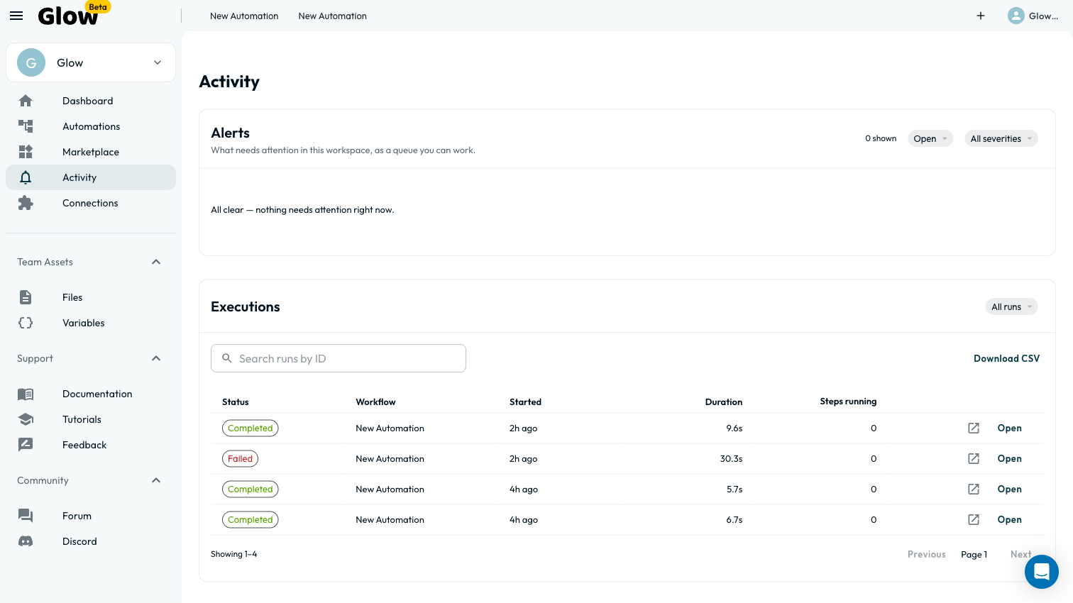 The two-column Activity page with execution runs on the left and Needs Attention alerts on the right