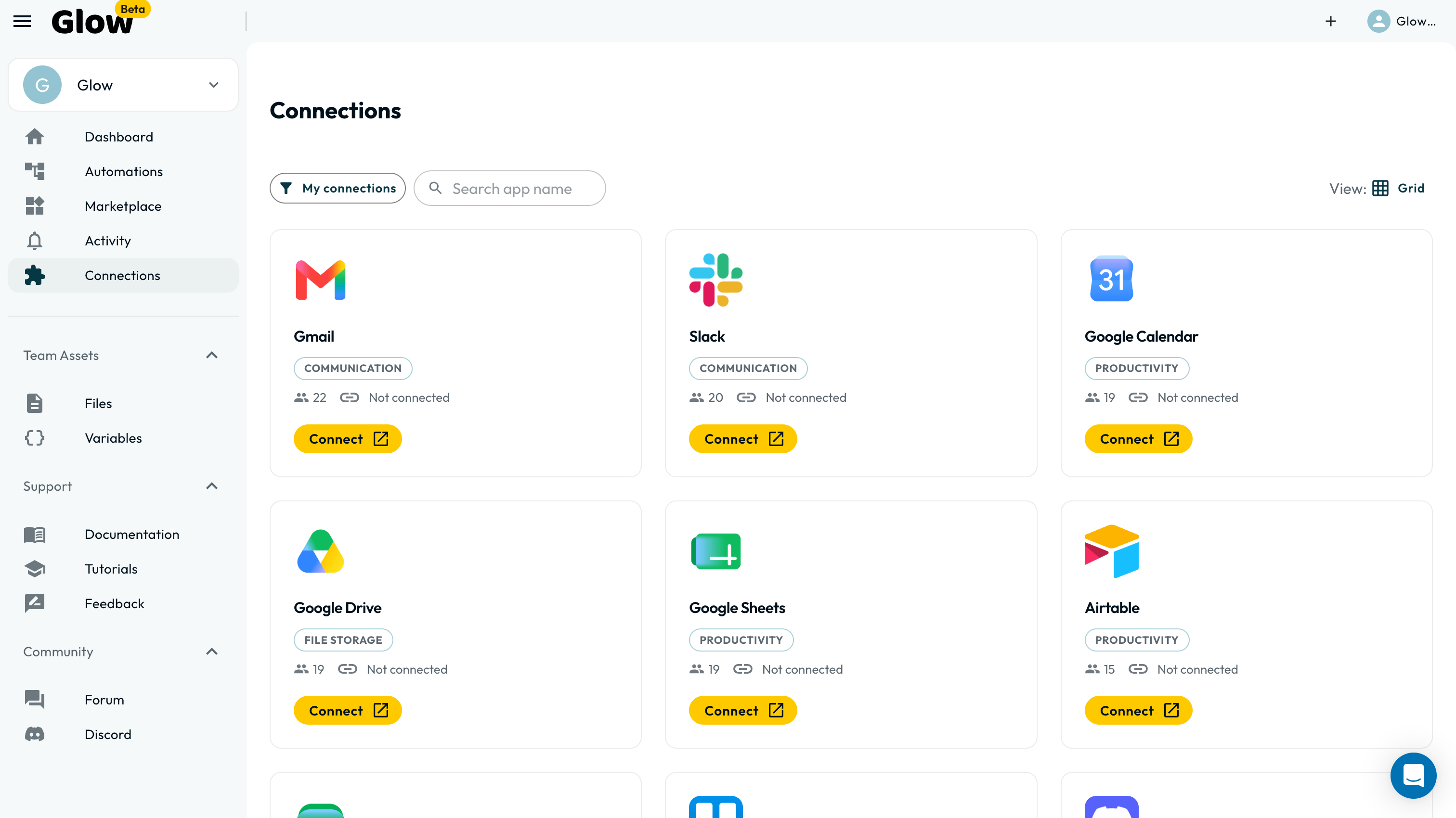 The Connections tab showing a grid of app cards for Gmail, Google Calendar, Google Drive, Google Sheets, Slack and Airtable. Each card shows a category tag, the connected account or a Not connected label, and a Connect button.