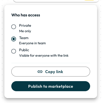 The Who has access options: Private, described as Me only; Team, described as Everyone in team and currently selected; and Public, described as Visible for everyone with the link.